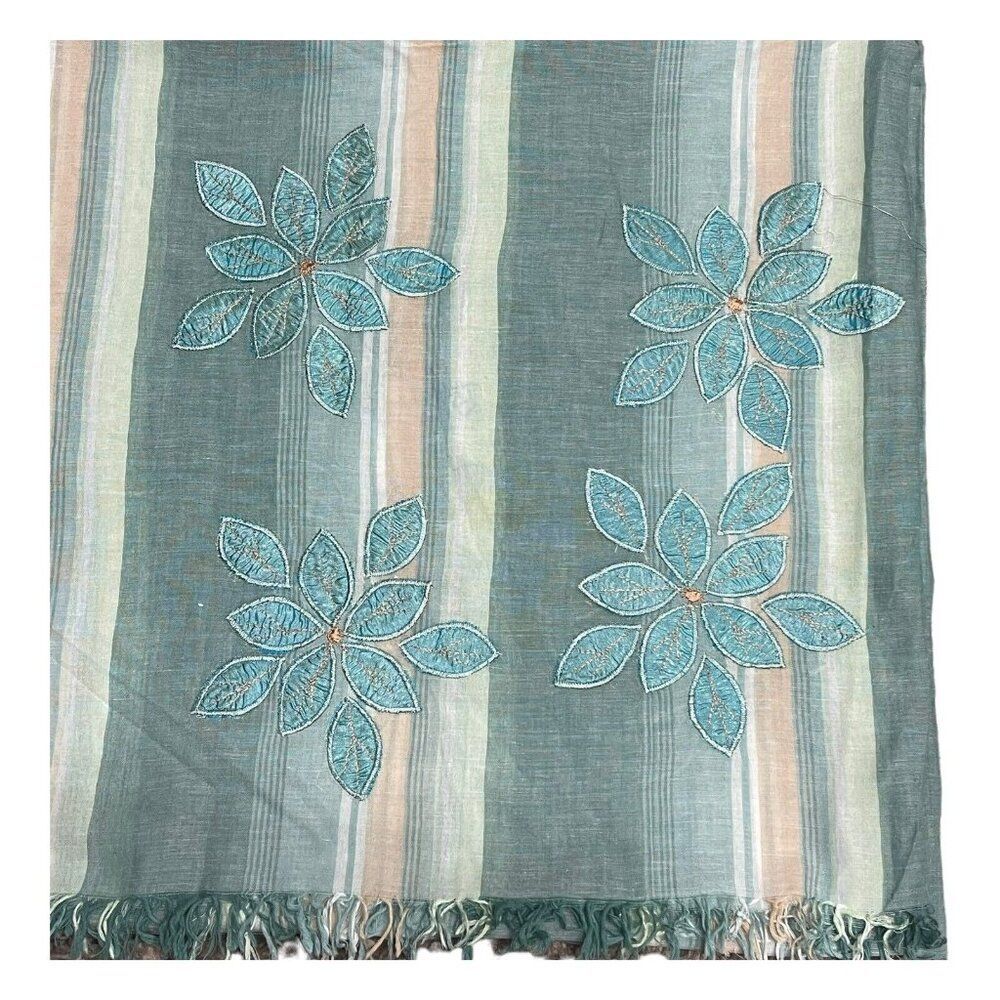 Alexia Crawford Boho Floral Striped Fringe Blue Embroidered Flowers Scarf 35x69